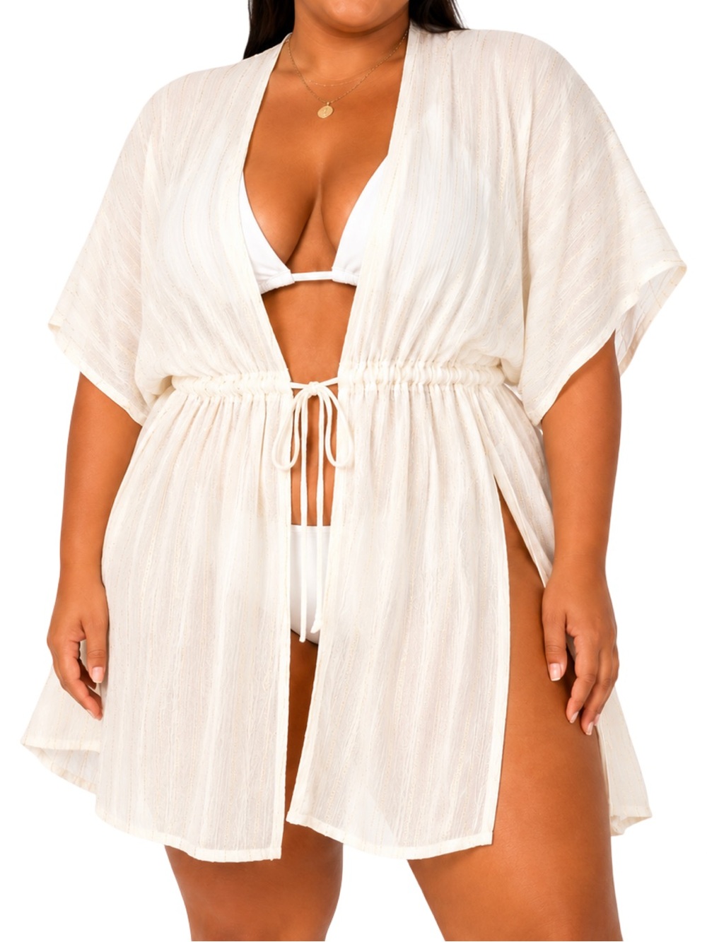 Cream Gold Metallic Stripe Beach Cover Up Kimono Plus Size XXL XXXL Resort